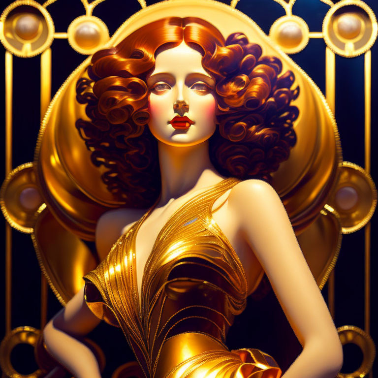 Stylized illustration of woman with auburn hair and golden attire in art deco setting