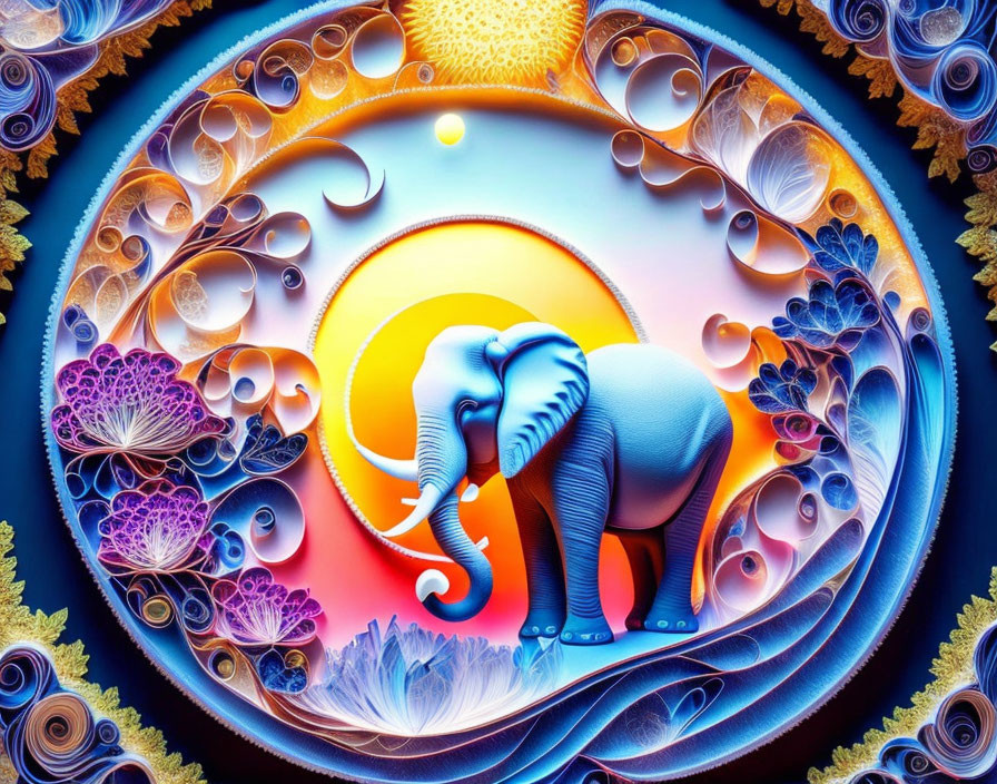 Colorful Stylized Blue Elephant Artwork on Ornate Background