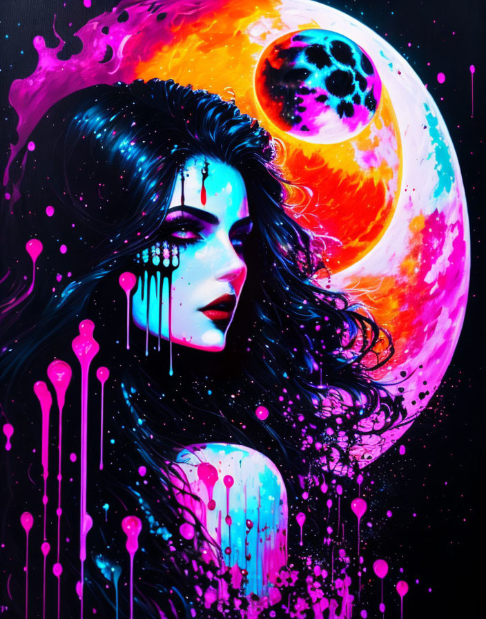 Colorful Illustration: Woman with Flowing Hair and Cosmic Moon