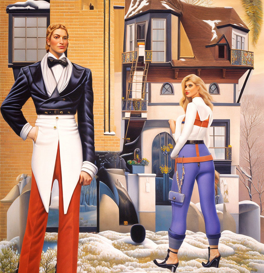 Illustration of tall man with long legs & woman in stylish attire in surreal snow-covered townscape