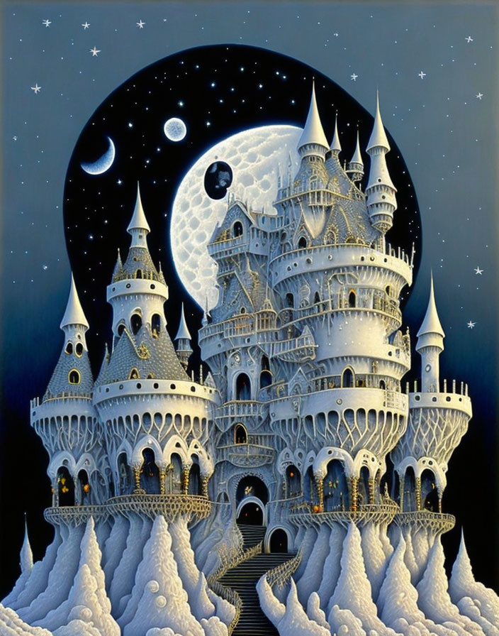 Majestic castle with spires on snowy hills under starry night sky