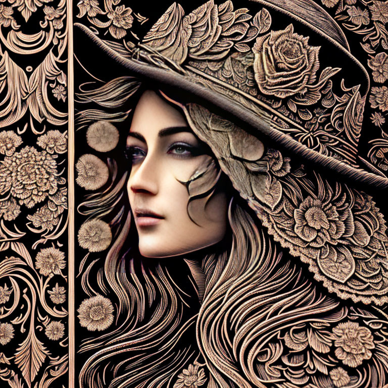 Detailed artwork of woman with floral patterns and wide-brimmed hat