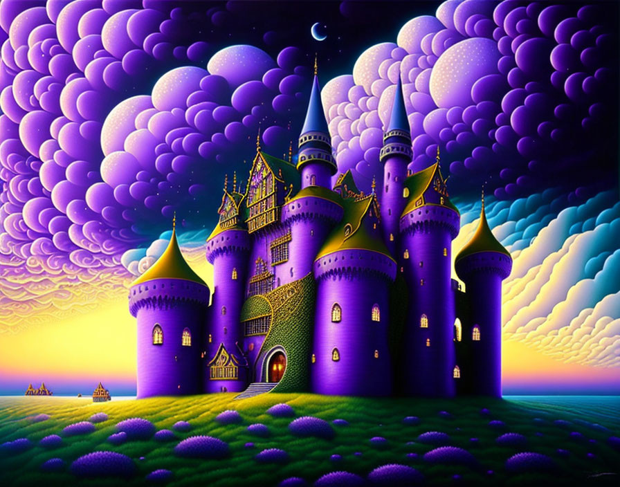 Fantasy castle with purple and yellow tones under a night sky