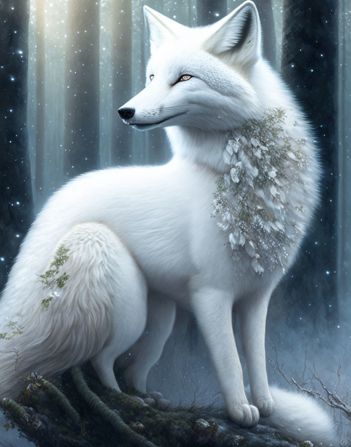 White fox perched on snowy branch in forest, frost-covered coat, gazing afar