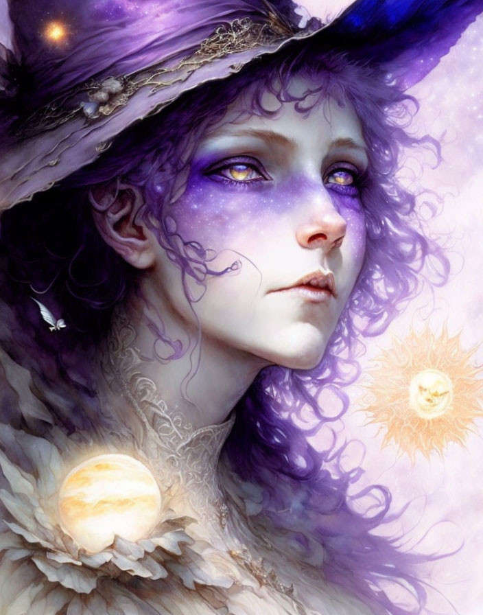 Fantastical portrait of a person with purple tones, starry eyes, hat, celestial bodies.