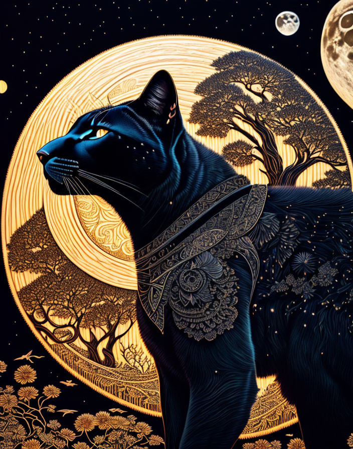 Black cat with chest patterns on starry sky backdrop.