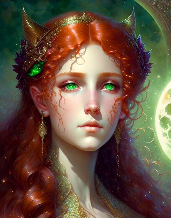 Fantasy Artwork: Female with Elf-like Ears, Green Eyes, Red Hair, Crown,