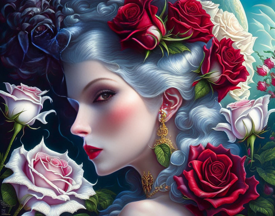 Digital artwork featuring a woman with silver hair and red roses in a dark blue floral setting