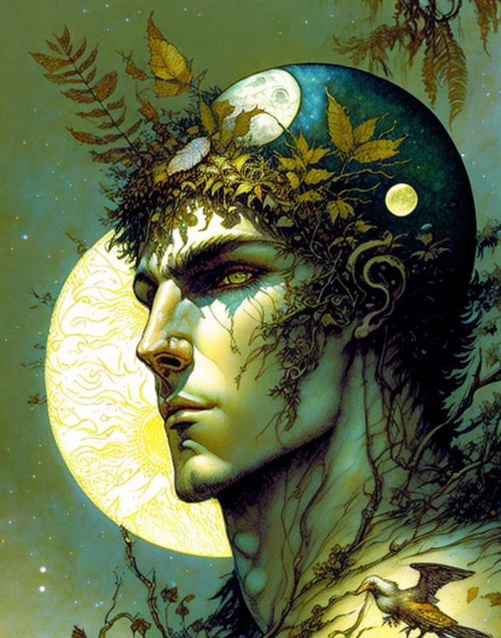 Mythical figure with moon halo and plant-like features depicted in nature theme