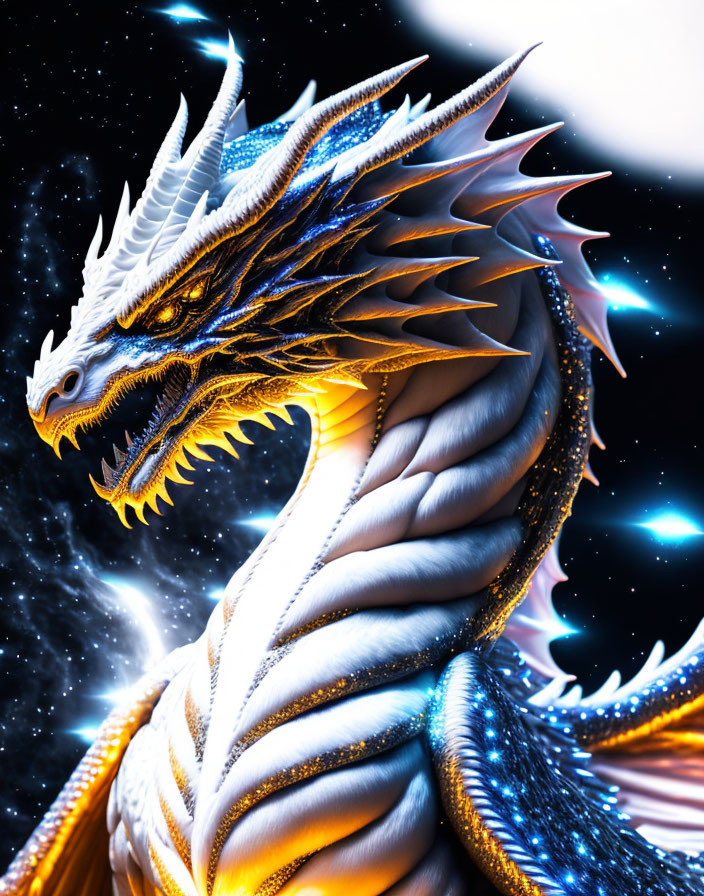 Majestic dragon with metallic scales and glowing blue eyes in cosmic setting