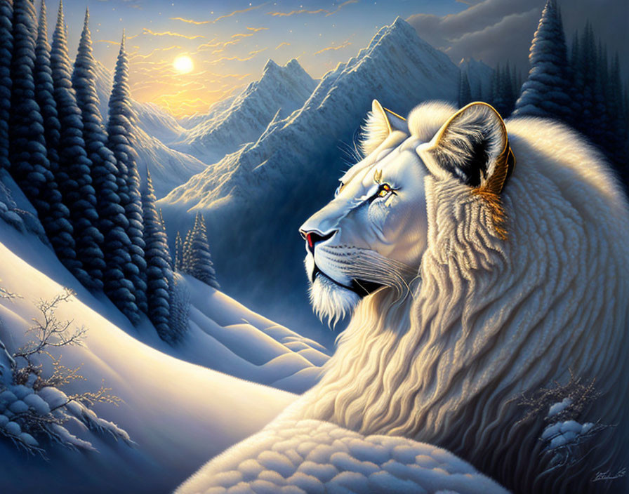 Majestic white lion's face merges with snowy mountain landscape at sunset