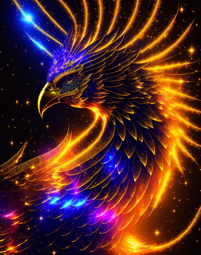 Majestic fiery eagle in cosmic setting with vibrant colors