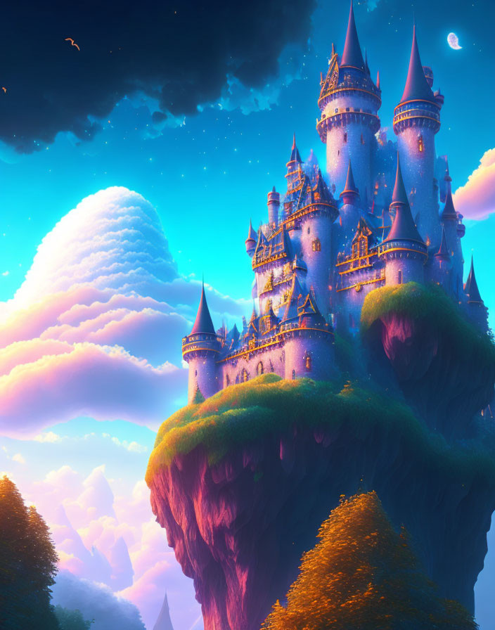 Floating island castle at vibrant sunset with crescent moon