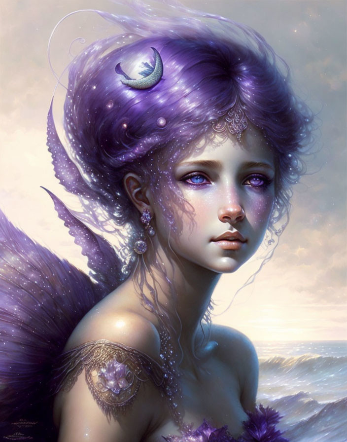 Purple celestial fantasy portrait of a woman with moon motifs and flowing hair