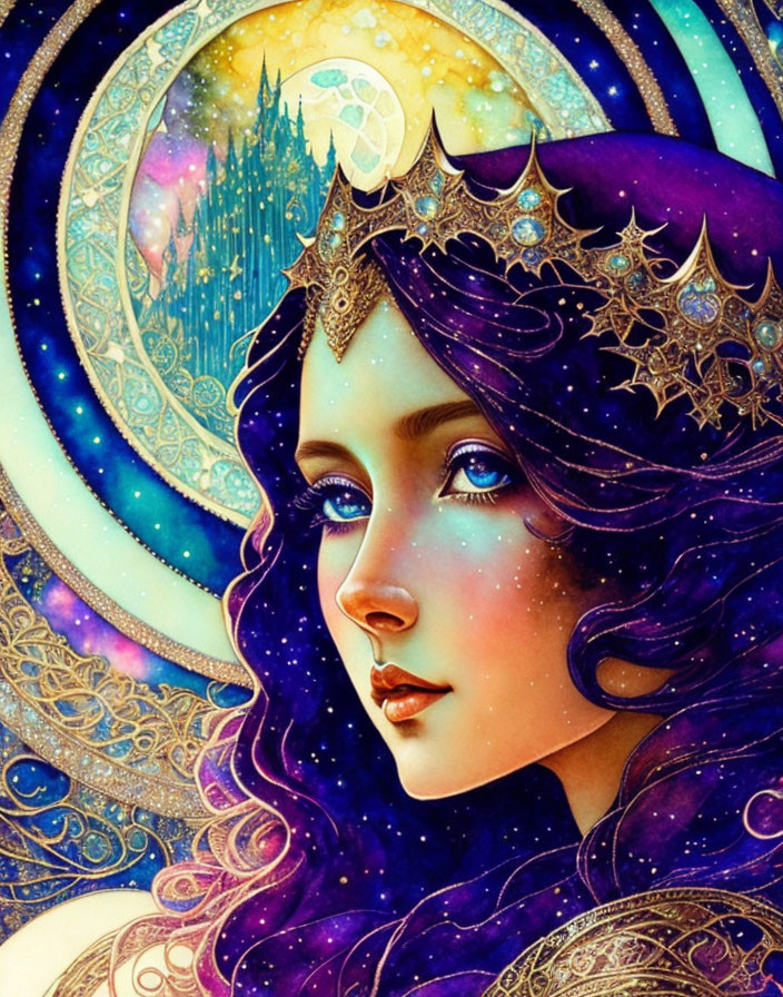 Illustrated portrait of mystical woman with cosmos hair and golden tiara in celestial city backdrop