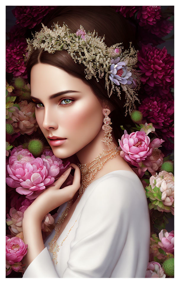 Detailed digital portrait of woman with floral headpiece and vibrant pink flowers, elegant jewelry.