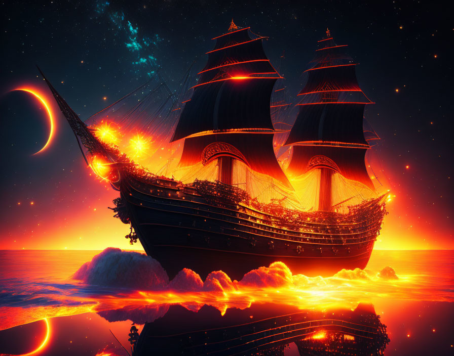 Sailing ship on fiery orange sea under crescent moon