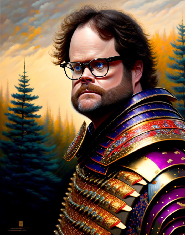 Bearded man in colorful armor with glasses against sunset backdrop