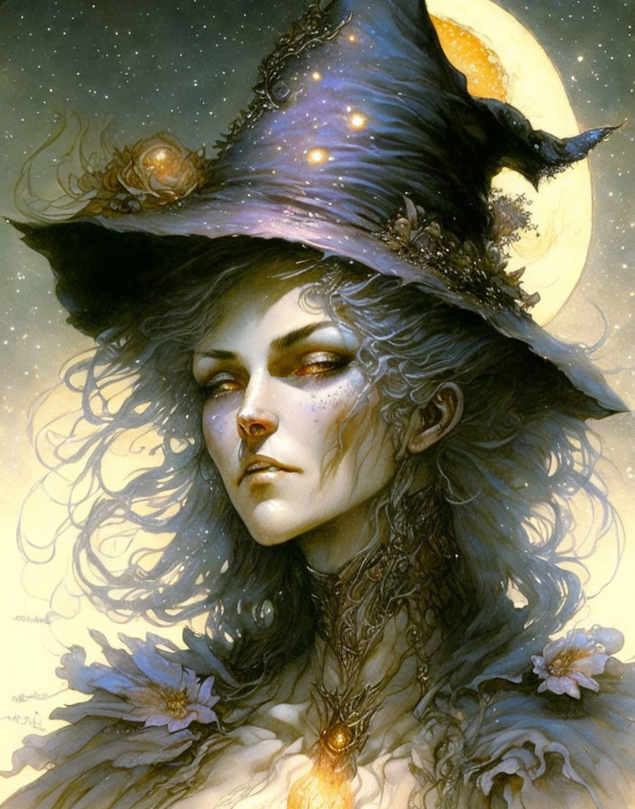 Fantasy portrait of a woman in starry witch's hat and cosmic attire