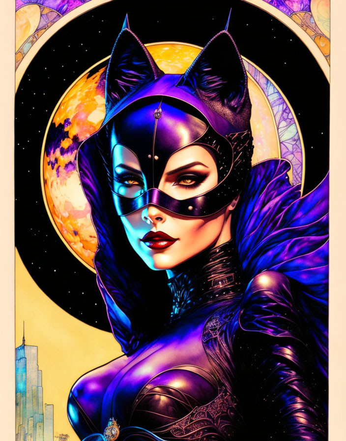 Stylized woman in cat costume with mask and purple suit against city skyline and cosmic backdrop