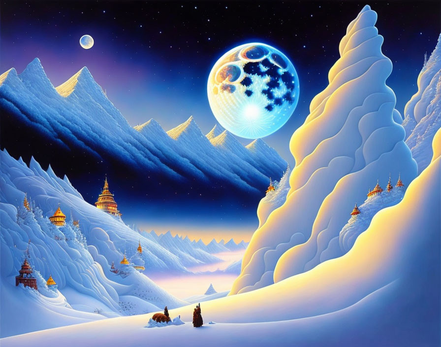 Snowy Night Landscape with Moon, Towers, and Camels