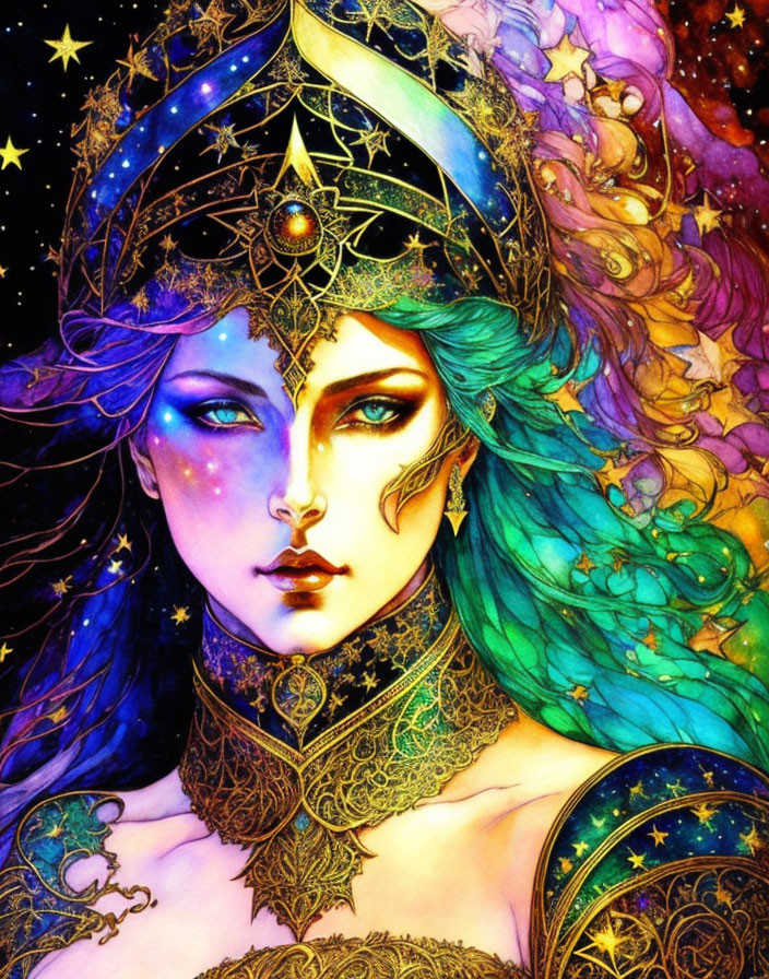 Colorful illustration of mystical woman with celestial hair and golden jewelry