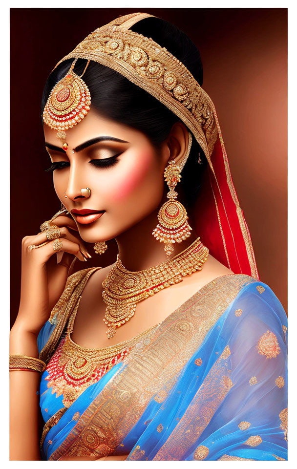 Traditional Indian Bridal Attire with Gold Jewelry, Blue and Red Saree, and Henna