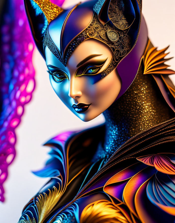 Colorful Stylized Female Figure with Cat-Like Appearance and Metallic Textures