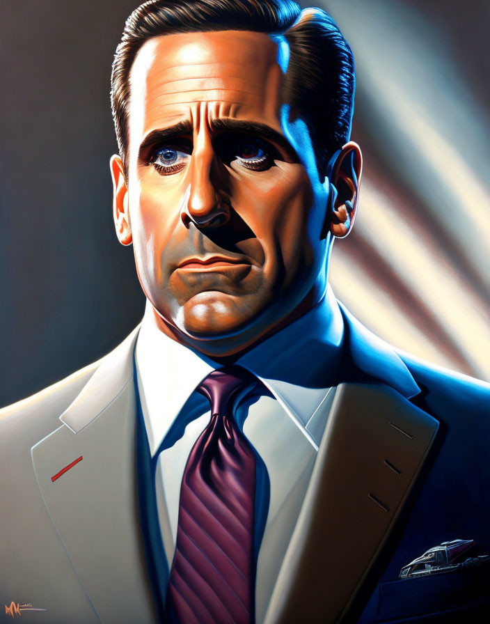 Man in Suit Illustration: Serious Expression, Mid-Century Modern Style