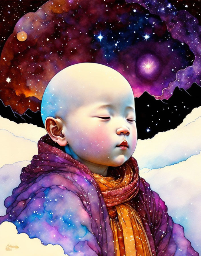 Child in orange scarf against cosmic night sky