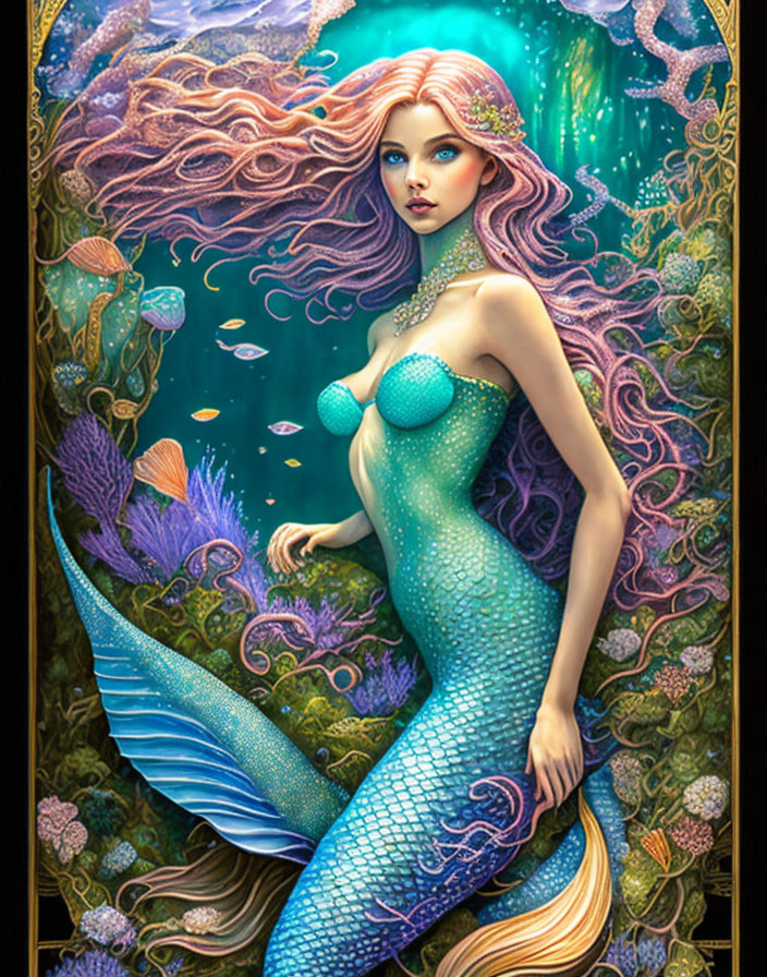 Vibrant Illustration of Mermaid with Pink Hair and Green Tail