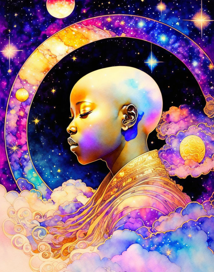 Illustration of contemplative child with cosmic background & celestial crescent frame.