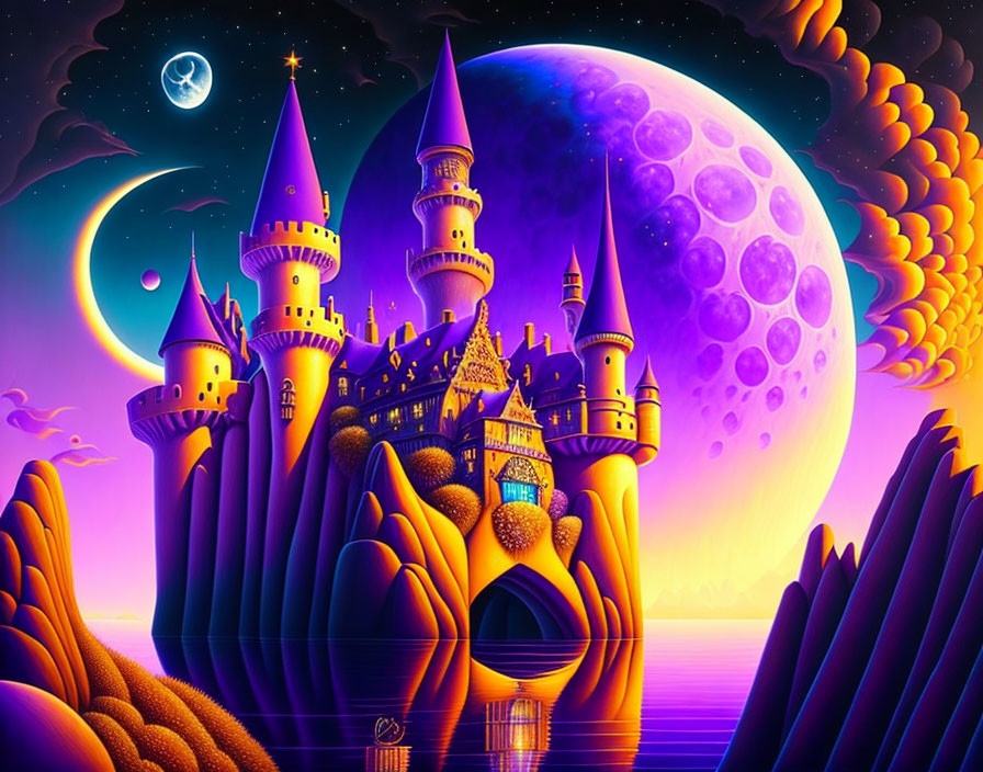 Fantasy castle with towering spires under a purple moon