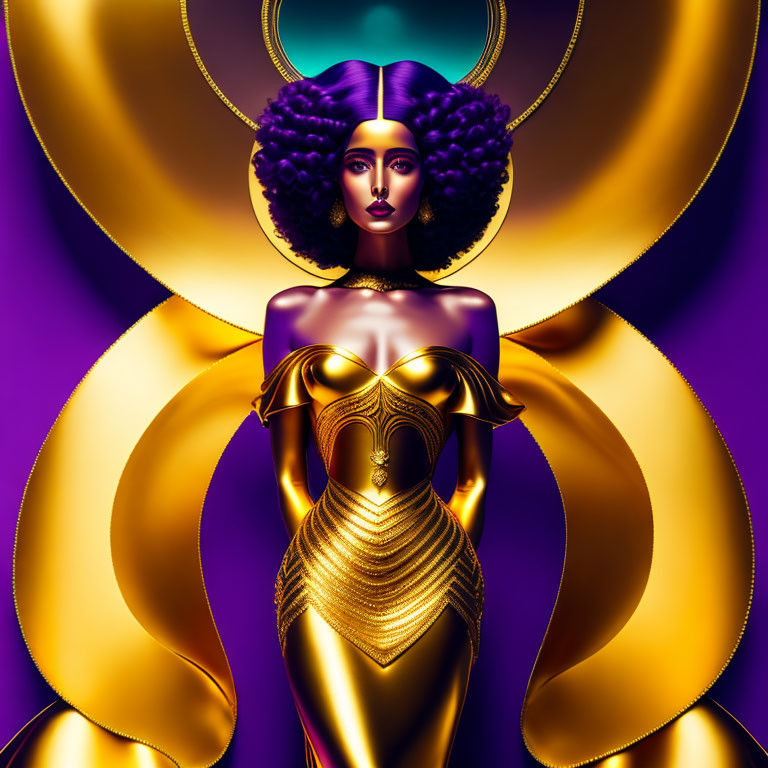 Illustration of woman with purple hair, golden armor, & mystical halo in purple & gold tones