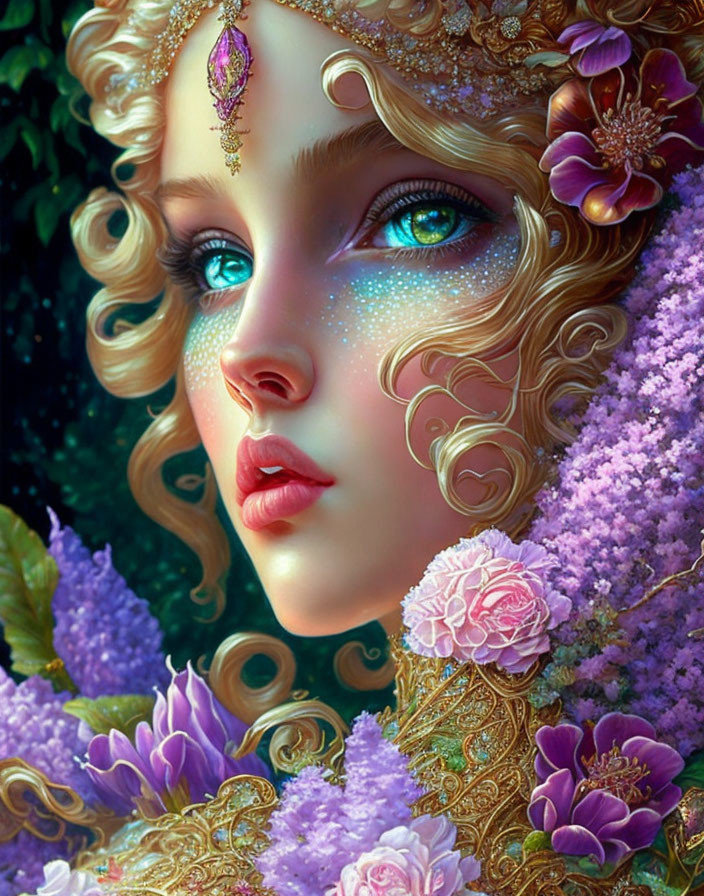 Digital portrait of woman with blue eyes and jewel accessories amidst purple flowers