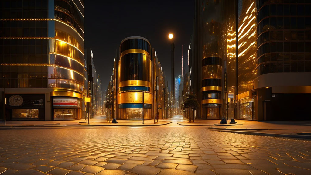 Nighttime cityscape with illuminated skyscrapers and futuristic structures.