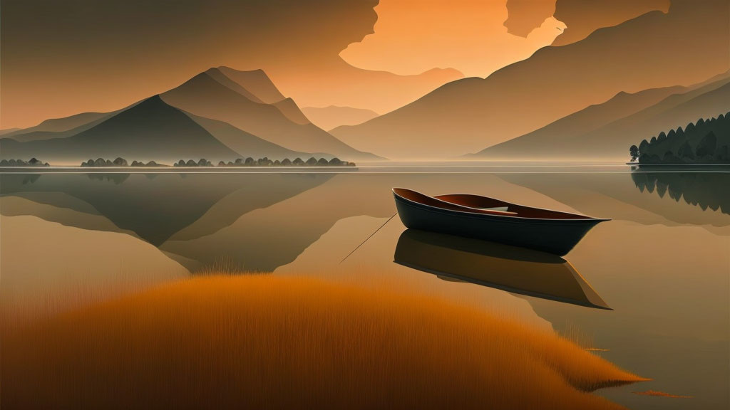 Tranquil lake with boat, mountains, person, and amber sky