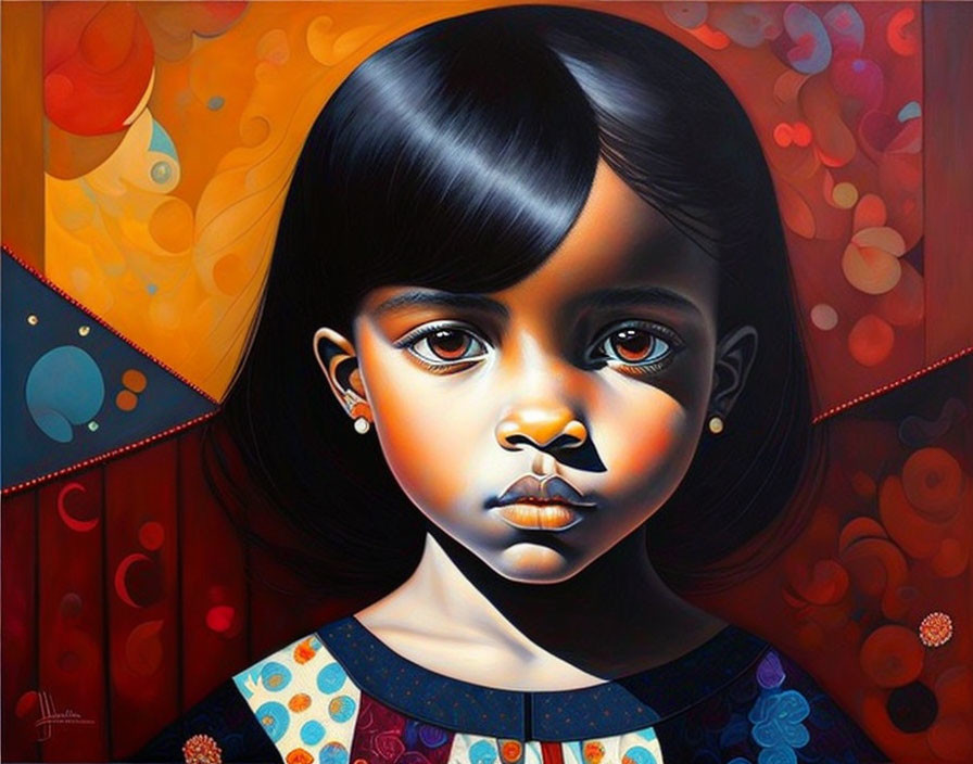 Young Girl Portrait with Soulful Eyes on Colorful Abstract Background