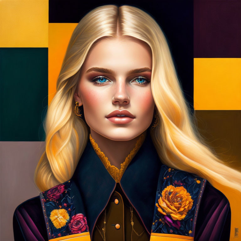 Portrait of a woman with blue eyes, blonde hair, dark jacket, floral embroidery, against geometric backdrop