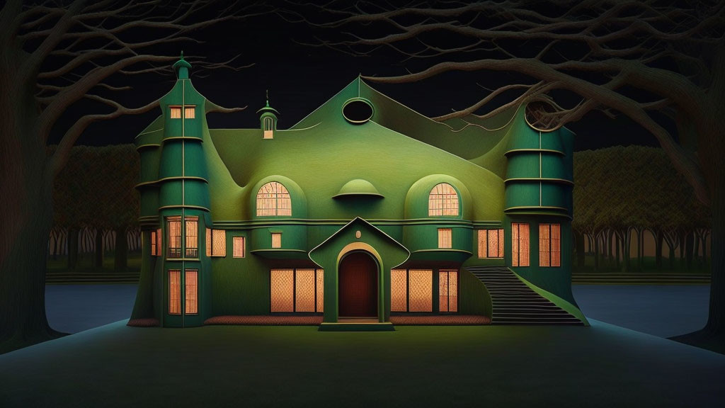 Whimsical green house with turrets and trees at night