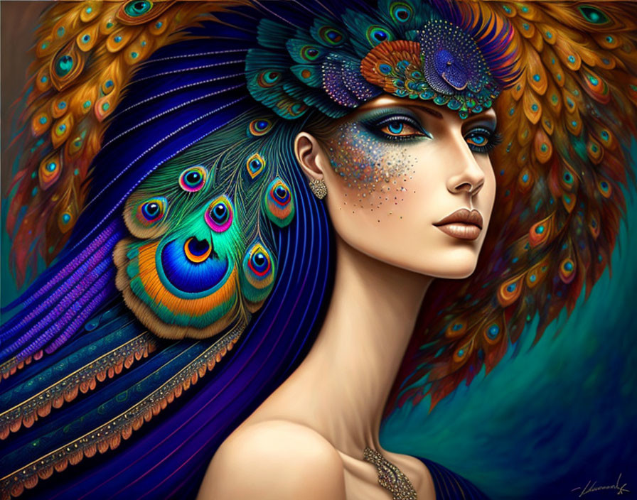 Woman adorned with peacock feathers and jeweled headpiece in vibrant blues and greens