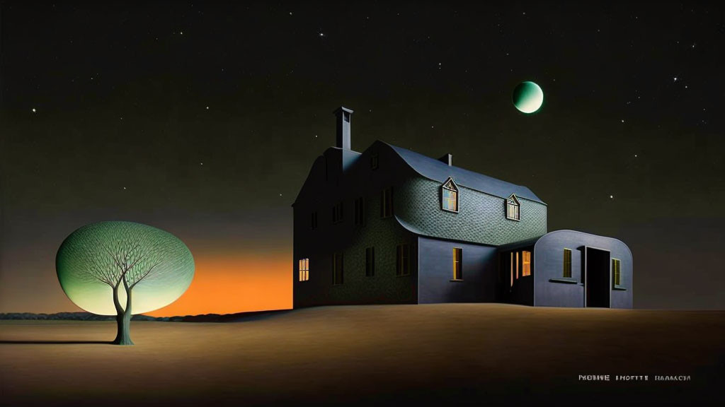 Surreal twilight landscape with leafless tree, house, green moon