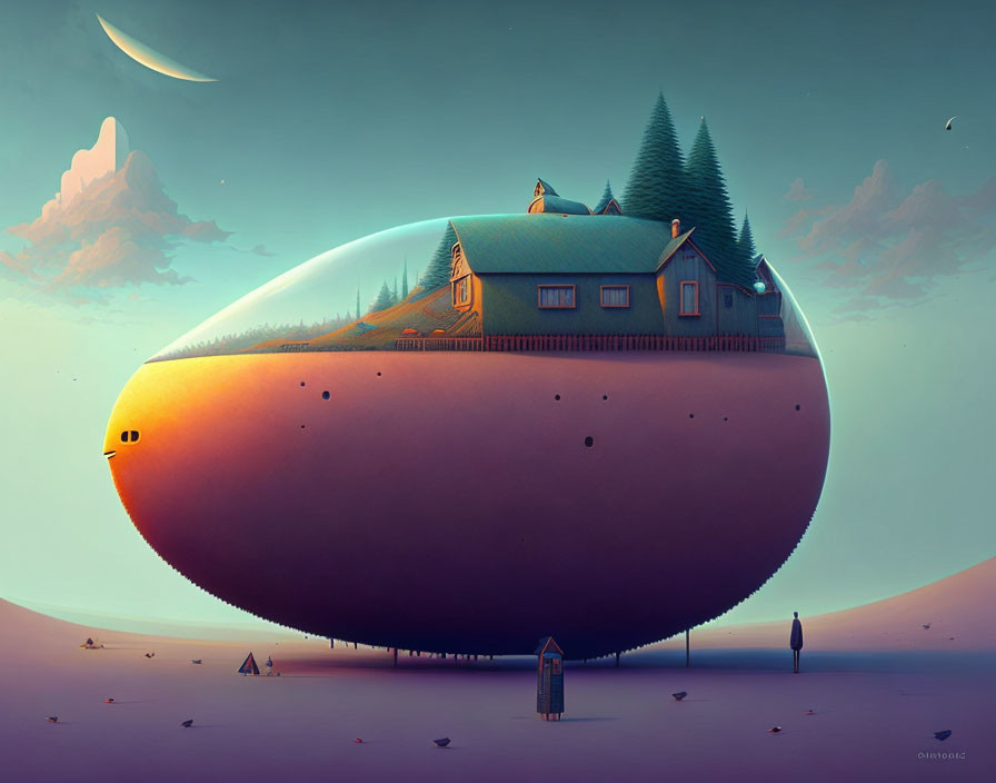 Egg-shaped island with house and trees under crescent moon