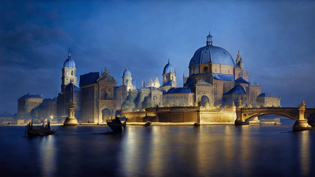 Grand Cathedral Illuminated by River Bridge at Night with Gondolas