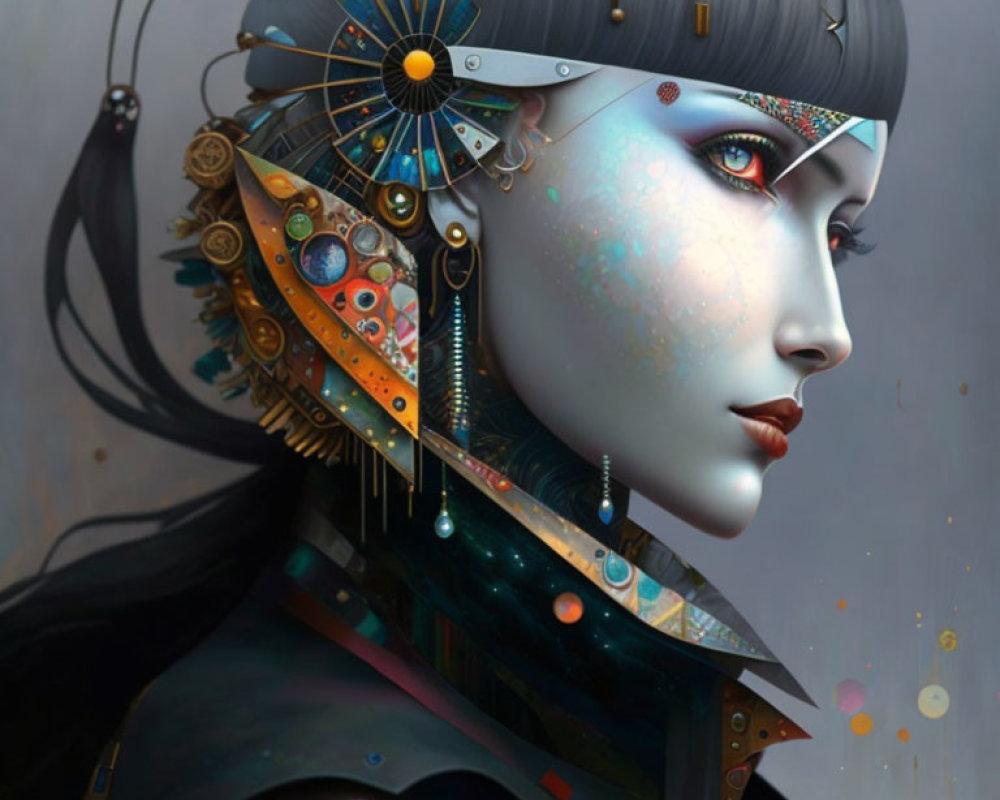 Female cyborg digital artwork with intricate mechanical details and colorful accents on a grey backdrop