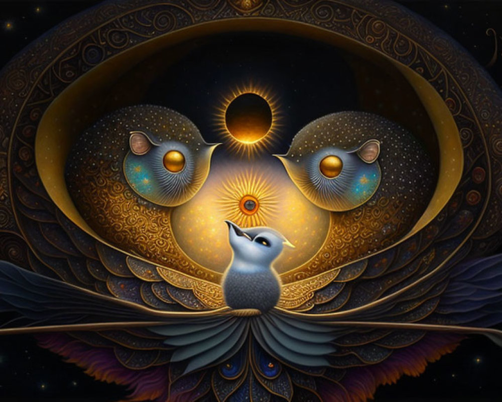 Fantastical Artwork Featuring Blue Bird and Celestial Elements