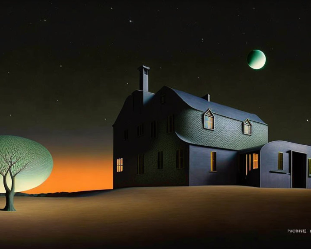 Surreal twilight landscape with leafless tree, house, green moon