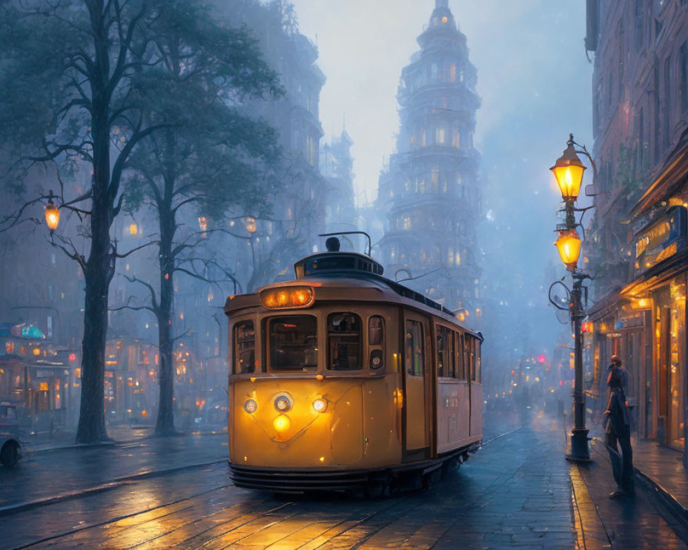 Vintage Tram on Wet Street at Twilight with Illuminated Lamps