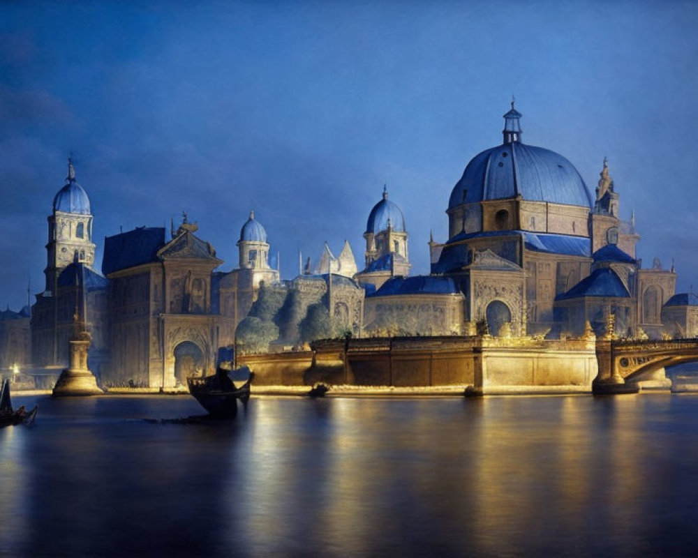 Grand Cathedral Illuminated by River Bridge at Night with Gondolas