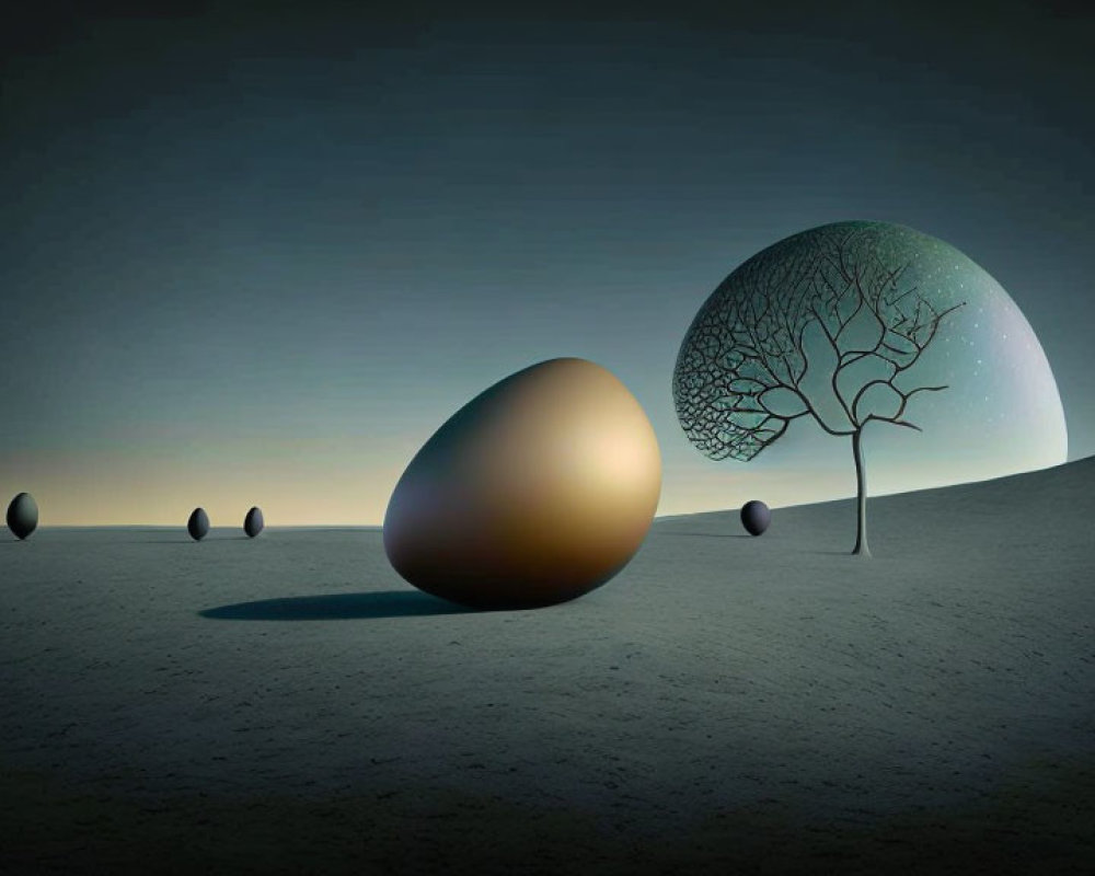 Surreal landscape with egg-shaped object and tree-like structure